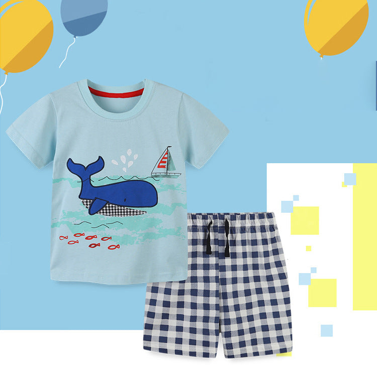 2 Pieces Set Baby Kid Boys Animals Cartoon Print T-Shirts And Checked Shorts Wholesale 220414284