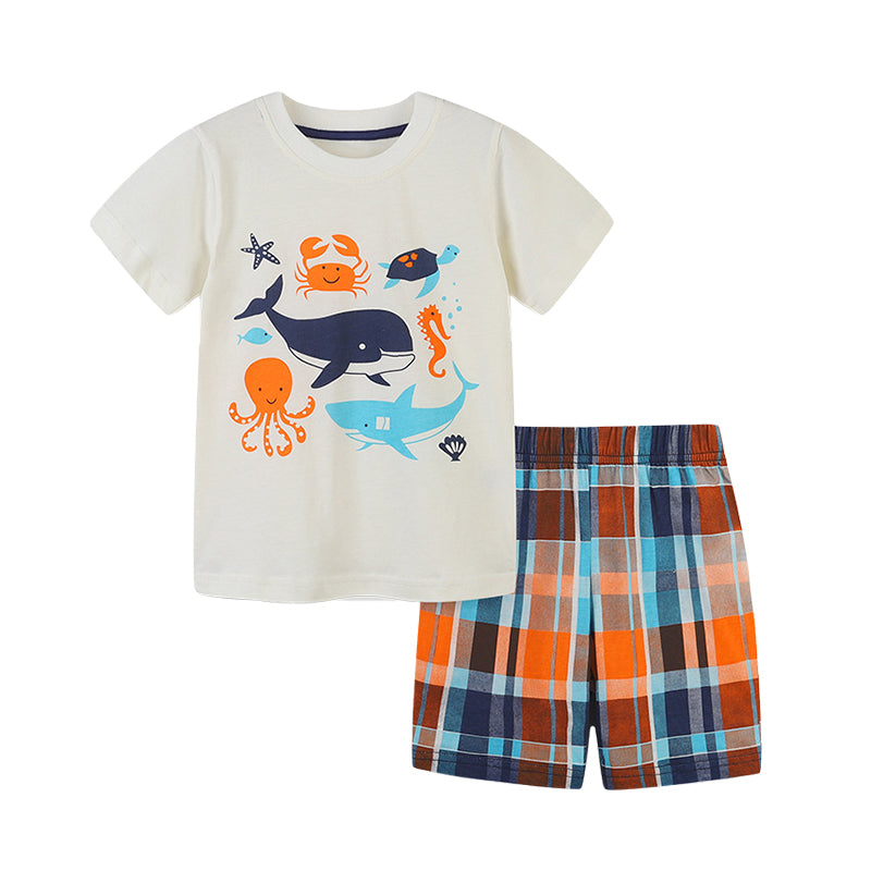 2 Pieces Set Baby Kid Boys Print T-Shirts And Checked Shorts Wholesale 220414304