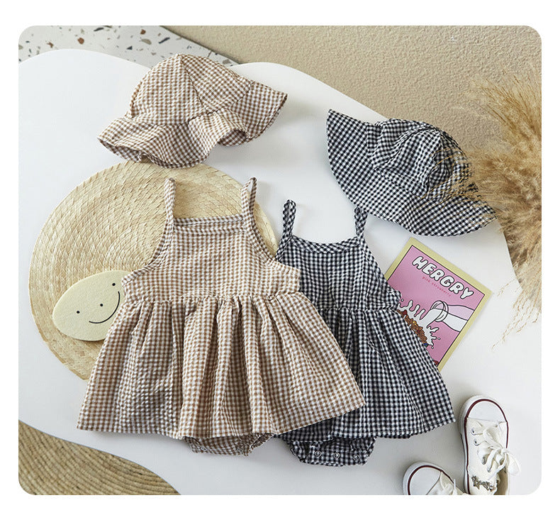 2 Pieces Set Baby Girls Checked Hats And Rompers Wholesale 220414363