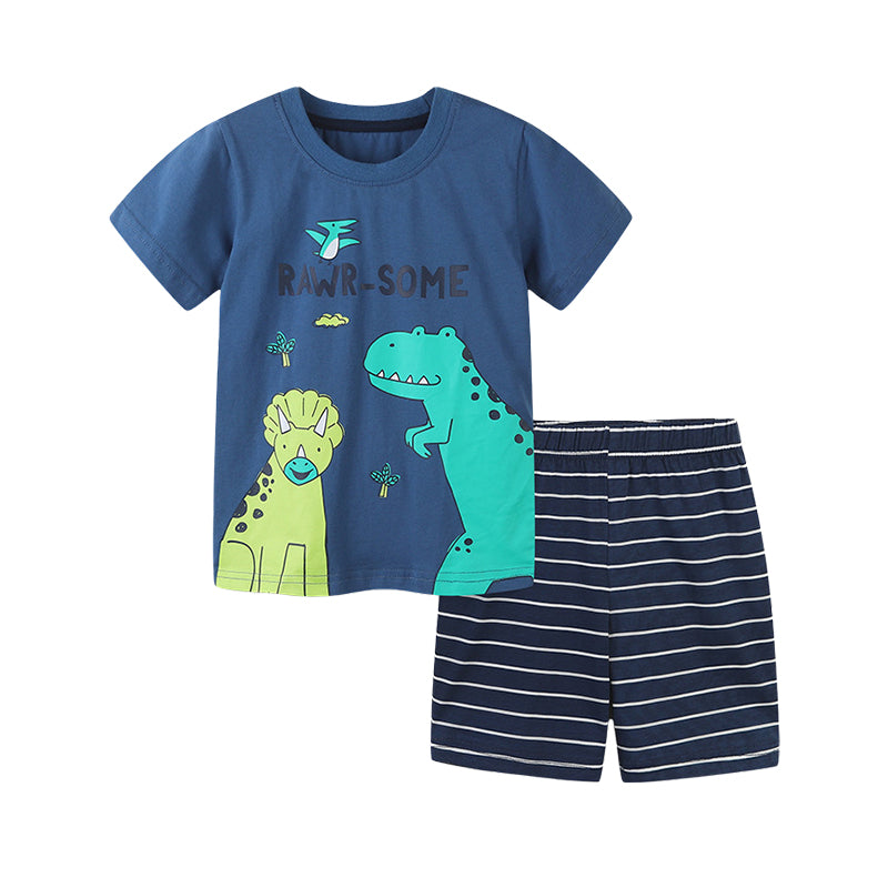 2 Pieces Set Baby Kid Boys Letters Dinosaur Animals Cartoon Print T-Shirts And Striped Shorts Wholesale 220414382