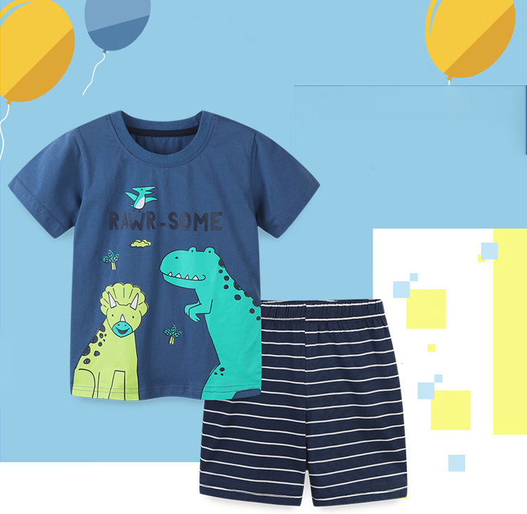 2 Pieces Set Baby Kid Boys Letters Dinosaur Animals Cartoon Print T-Shirts And Striped Shorts Wholesale 220414382