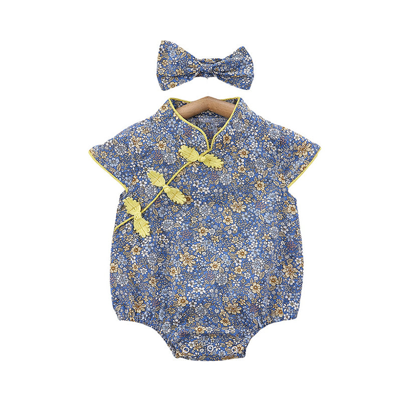 Baby Girls Flower Bow Print Rompers Wholesale 220414385