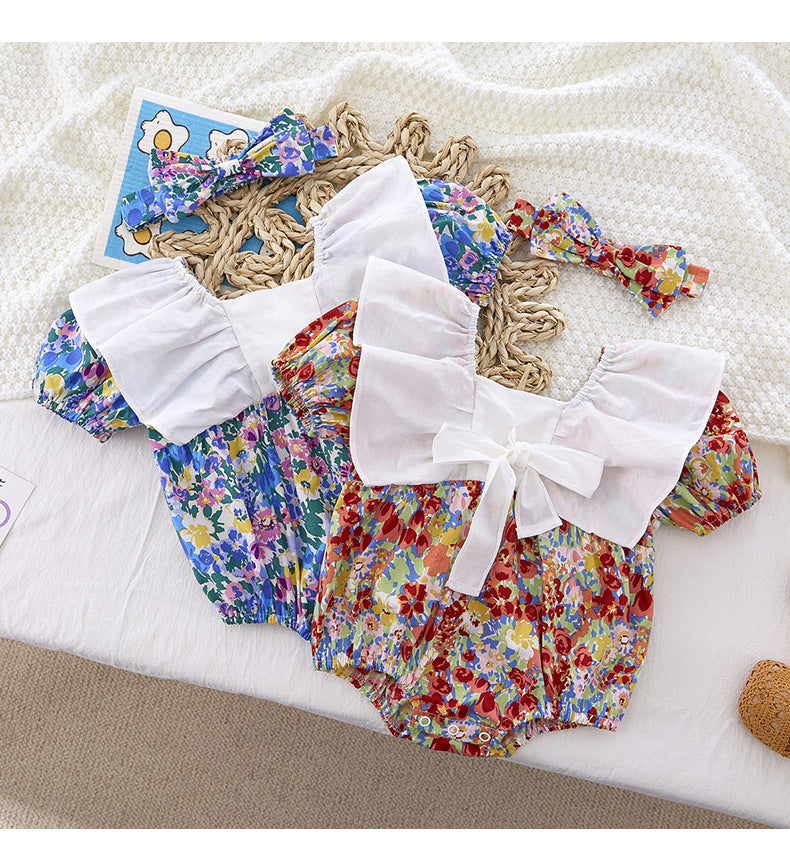 Baby Kid Girls Flower Bow Print Rompers Wholesale 220414393