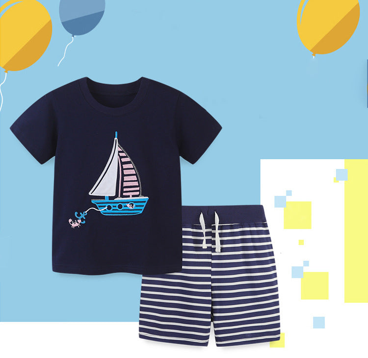 2 Pieces Set Baby Kid Boys Print T-Shirts And Striped Shorts Wholesale 220414403