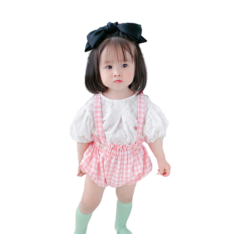 2 Pieces Set Baby Girls Solid Color T-Shirts And Checked Rompers Wholesale 220414412