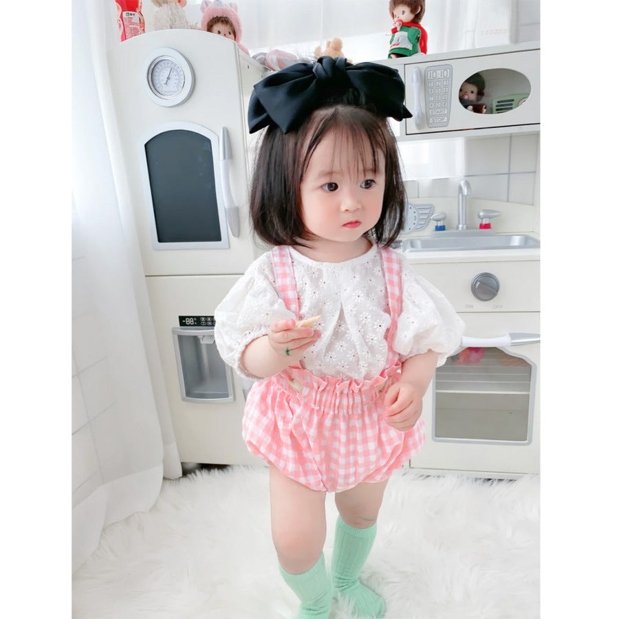 2 Pieces Set Baby Girls Solid Color T-Shirts And Checked Rompers Wholesale 220414412