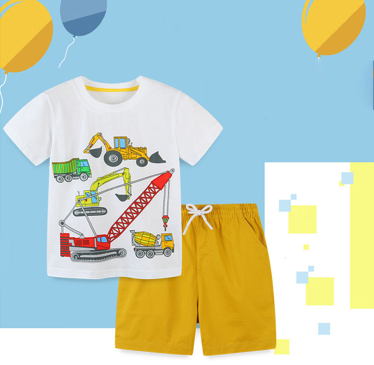 2 Pieces Set Baby Kid Boys Car Cartoon Print T-Shirts And Solid Color Shorts Wholesale 220414421