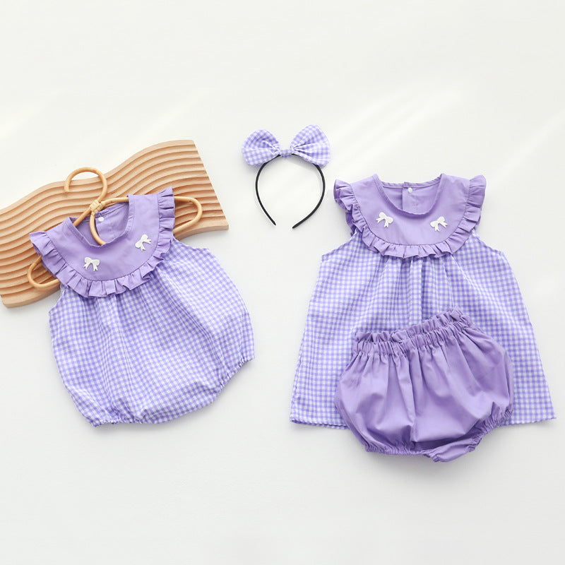 2 Pieces Set Baby Kid Girls Checked Bow Dresses And Solid Color Shorts And Rompers Wholesale 220414508