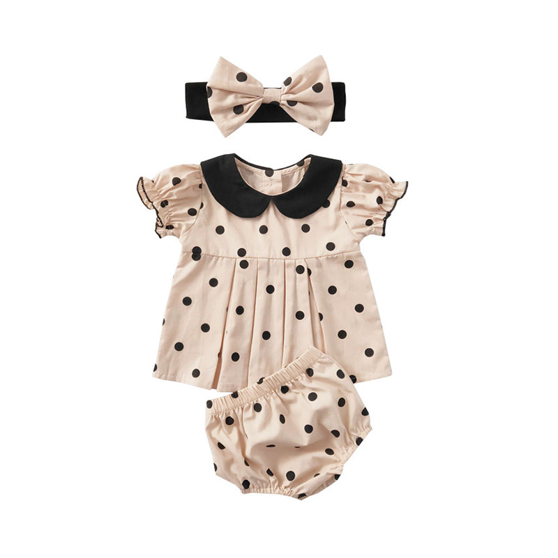3 Pieces Set Baby Girls Polka dots Print Tops Shorts And Headwear Wholesale 22041499