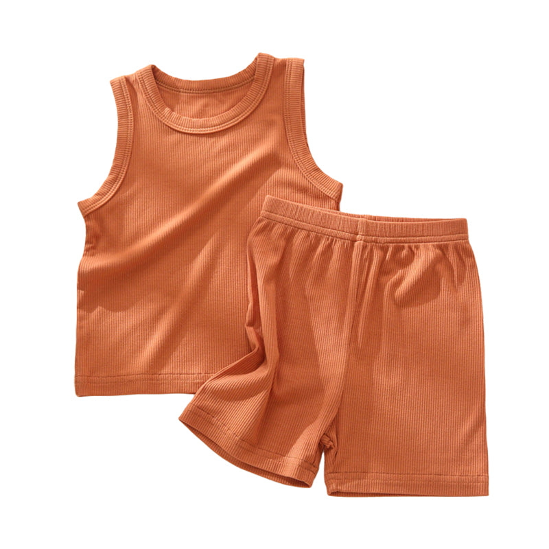 2 Pieces Set Baby Kid Unisex Solid Color Tank Tops And Shorts Sleepwears Wholesale 22041512