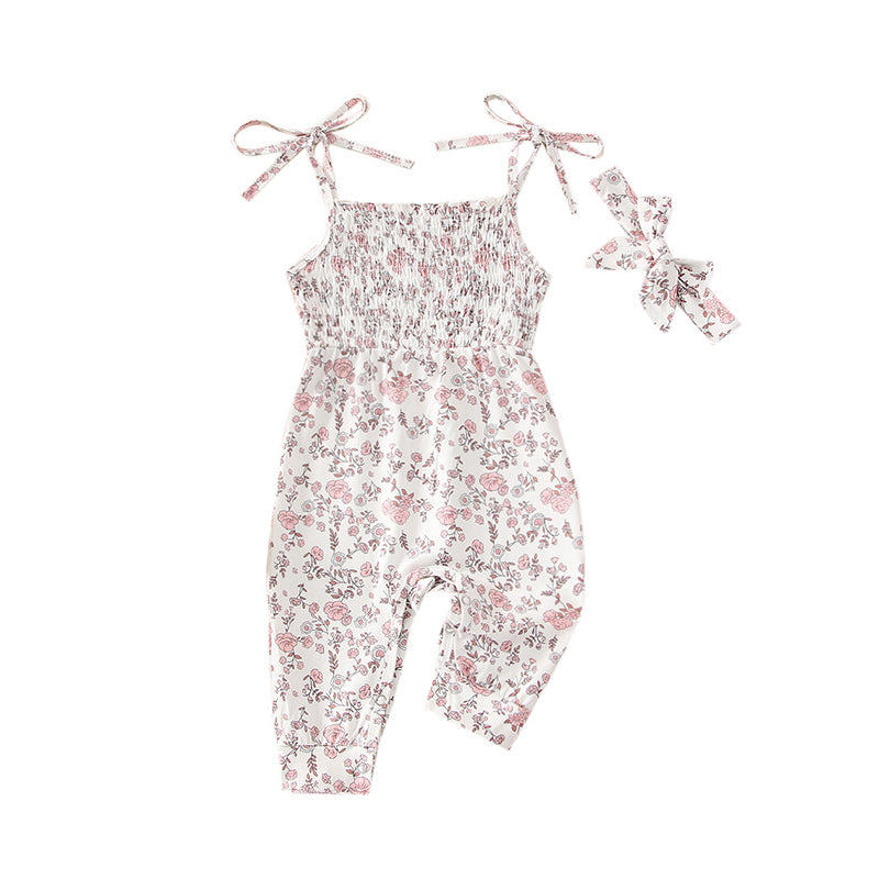 Baby Girls Flower Bow Print Jumpsuits Wholesale 22041514