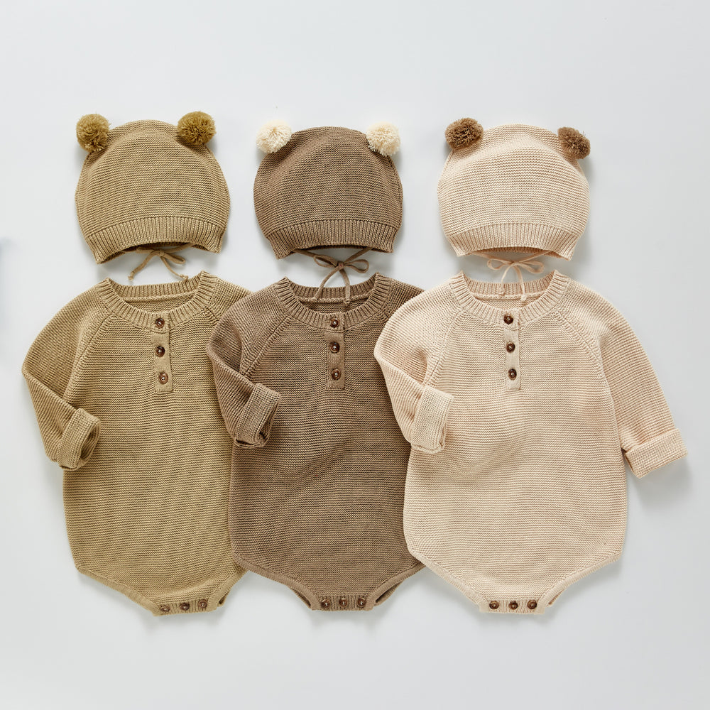 Baby Kid Unisex Solid Color Knitwear Rompers And Hats Wholesale 220418193