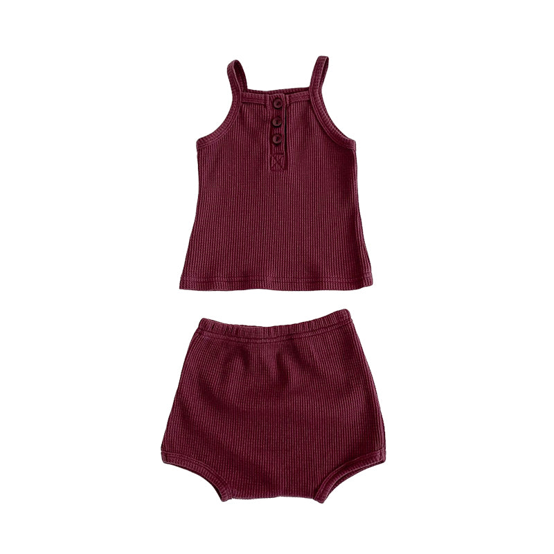 2 Pieces Set Baby Kid Girls Solid Color Muslin&Ribbed Tank Tops And Shorts Wholesale 220418531