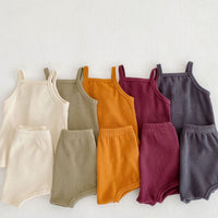 Load image into Gallery viewer, 2 Pieces Set Baby Kid Girls Solid Color Muslin&amp;Ribbed Tank Tops And Shorts Wholesale 220418531
