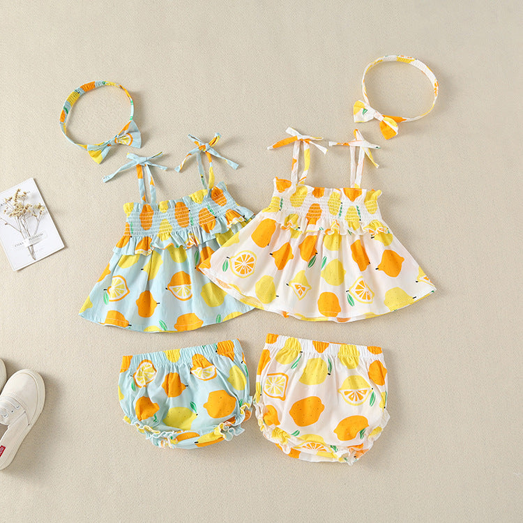 3 Pieces Set Baby Girls Fruit Print Tank Tops Shorts And Bow Headwear Wholesale 22041912