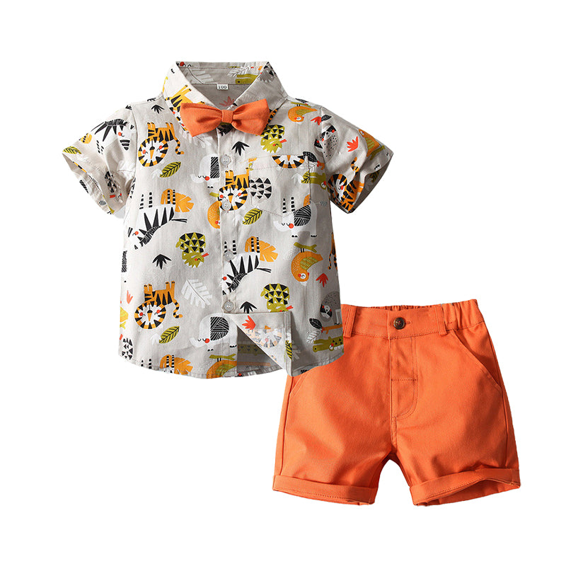 2 Pieces Set Baby Kid Boys Animals Cartoon Bow Print Shirts And Solid Color Shorts Suits Wholesale 220419152