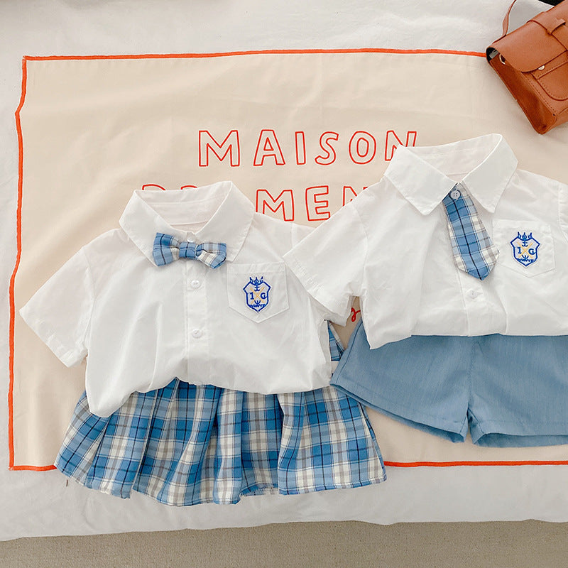 2 Pieces Set Baby Kid Girls Boys Bow Shirts And Solid Color Shorts And Checked Skirts Wholesale 220419157