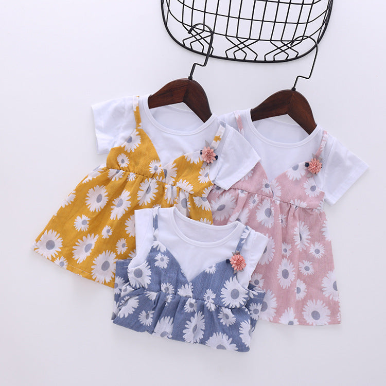 Baby Kid Girls Color-blocking Flower Print Dresses Wholesale 22041918