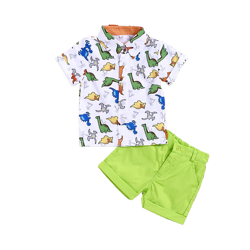 2 Pieces Set Baby Kid Boys Dinosaur Cartoon Print Shirts And Solid Color Shorts Wholesale 22041920