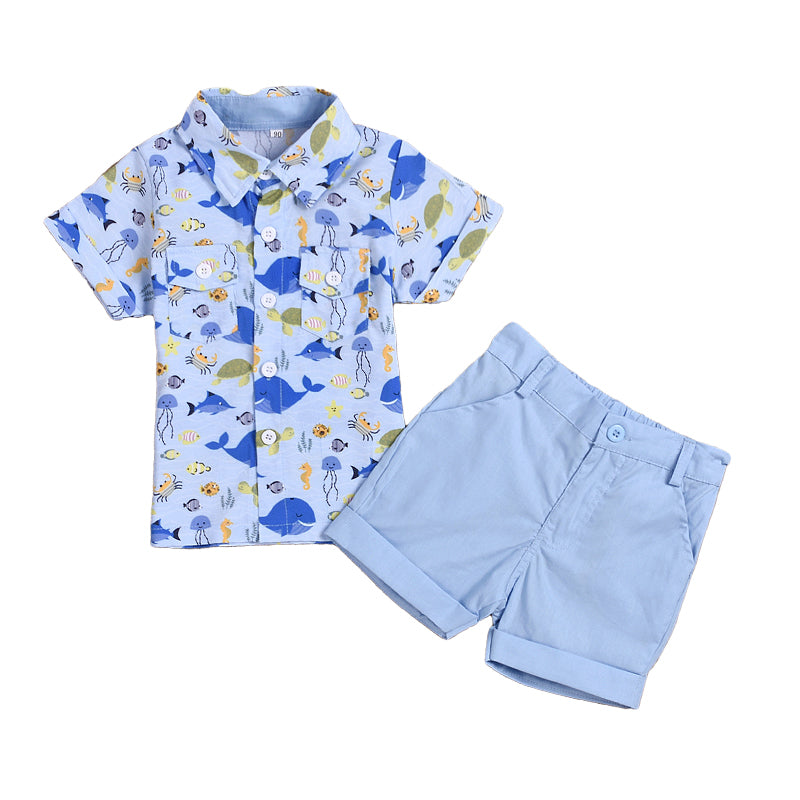 2 Pieces Set Baby Kid Boys Cartoon Print Shirts And Solid Color Shorts Wholesale 22041921