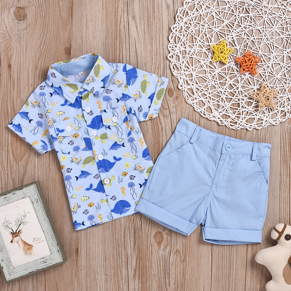 2 Pieces Set Baby Kid Boys Cartoon Print Shirts And Solid Color Shorts Wholesale 22041921