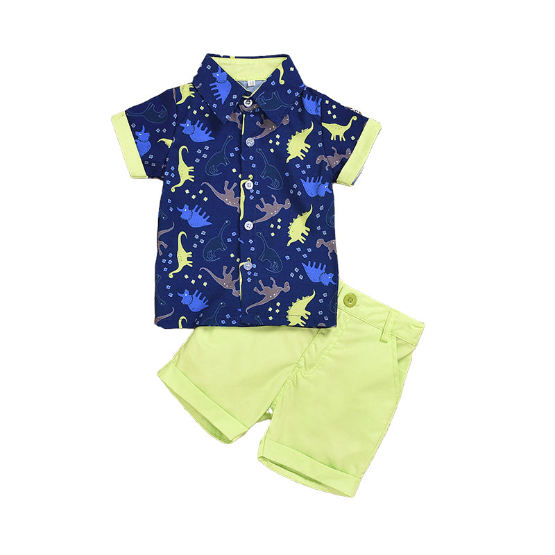 2 Pieces Set Baby Kid Boys Dinosaur Cartoon Print Shirts And Solid Color Shorts Wholesale 22041922