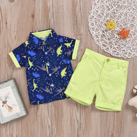 Load image into Gallery viewer, 2 Pieces Set Baby Kid Boys Dinosaur Cartoon Print Shirts And Solid Color Shorts Wholesale 22041922
