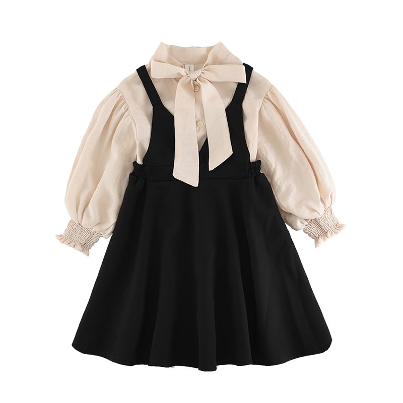 2 Pieces Set Kid Big Kid Girls Bow Tops And Solid Color Dresses Wholesale 22041924