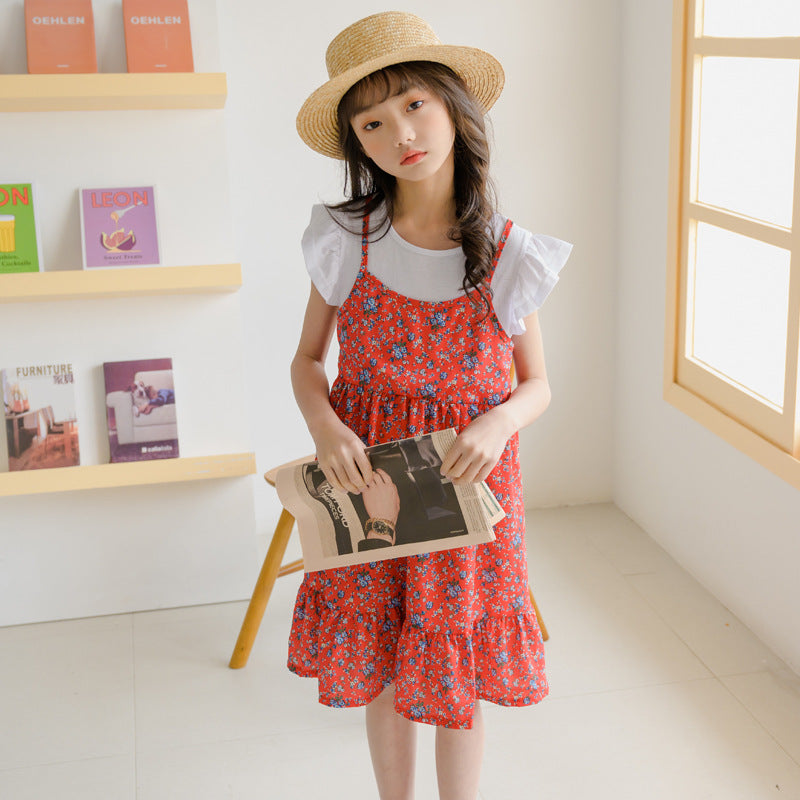 Kid Big Kid Girls Color-blocking Flower Print Dresses Wholesale 22041926