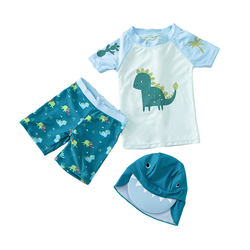 3 Pieces Set Baby Kid Boys Beach Dinosaur Cartoon Print T-Shirts And Shorts And Hats Swimwears Wholesale 22042229