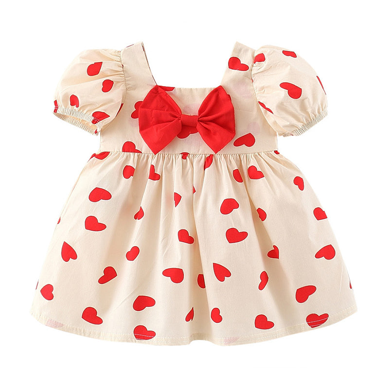 Baby Kid Girls Love heart Bow Print Valentine's Day Dresses Wholesale 220422323