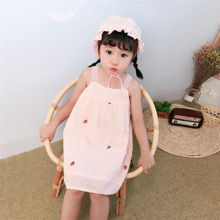 Baby Kid Girls Solid Color Fruit Embroidered Dresses Wholesale 220422339