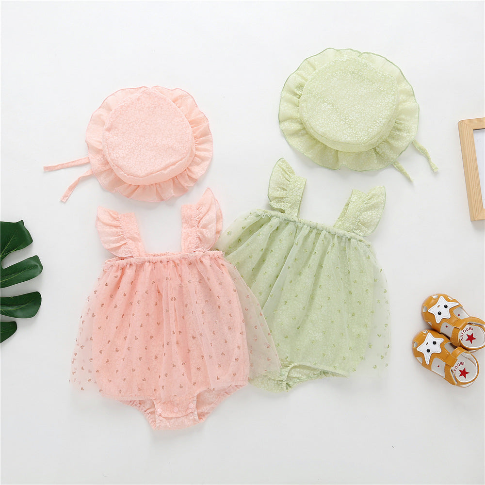 Baby Girls Solid Color Flower Print Rompers And Hats Wholesale 220422354