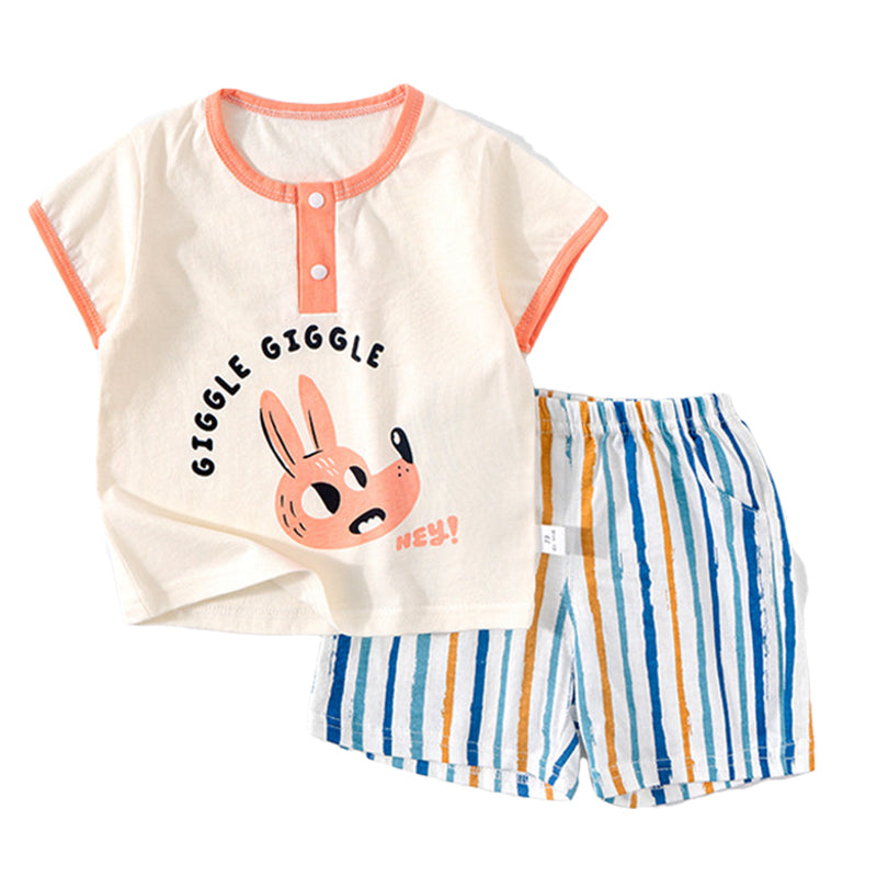 2 Pieces Set Baby Kid Unisex Letters Animals Cartoon Expression T-Shirts And Striped Checked Shorts Wholesale 220422444