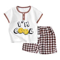Load image into Gallery viewer, 2 Pieces Set Baby Kid Unisex Letters Animals Cartoon Expression T-Shirts And Striped Checked Shorts Wholesale 220422444
