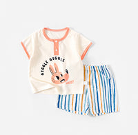 Load image into Gallery viewer, 2 Pieces Set Baby Kid Unisex Letters Animals Cartoon Expression T-Shirts And Striped Checked Shorts Wholesale 220422444
