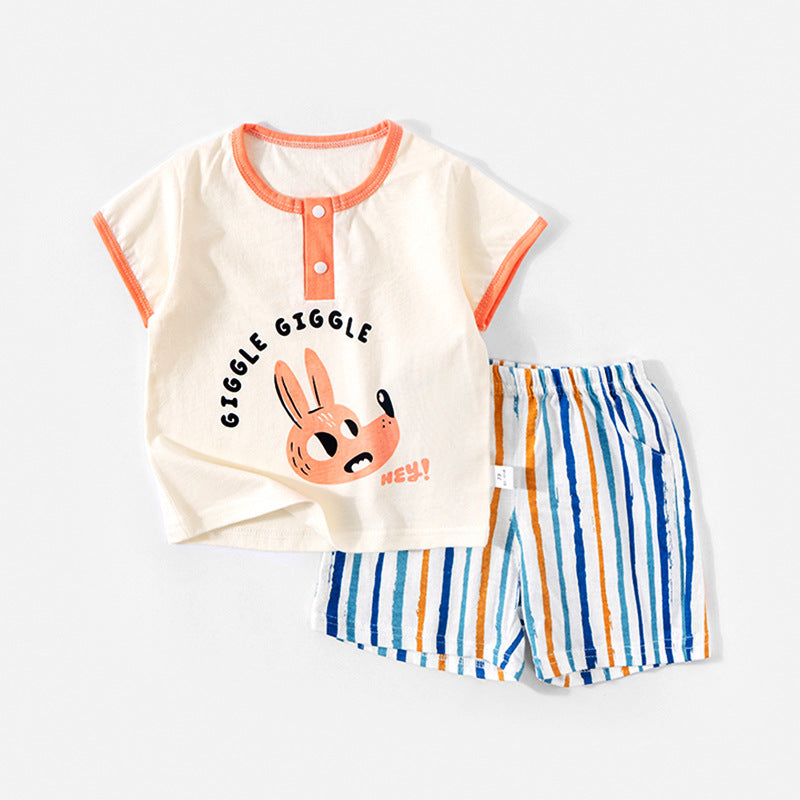 2 Pieces Set Baby Kid Unisex Letters Animals Cartoon Expression T-Shirts And Striped Checked Shorts Wholesale 220422444