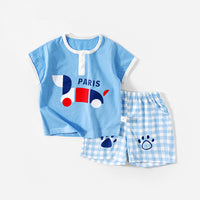 Load image into Gallery viewer, 2 Pieces Set Baby Kid Unisex Letters Animals Cartoon Expression T-Shirts And Striped Checked Shorts Wholesale 220422444
