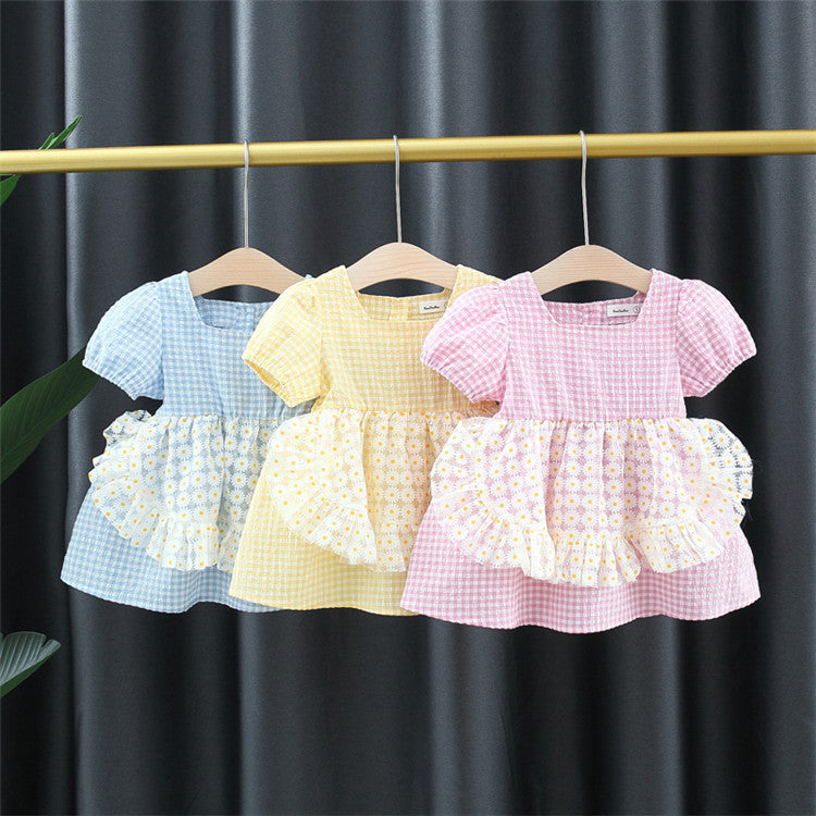 Baby Kid Girls Flower Checked Dresses Wholesale 220422464