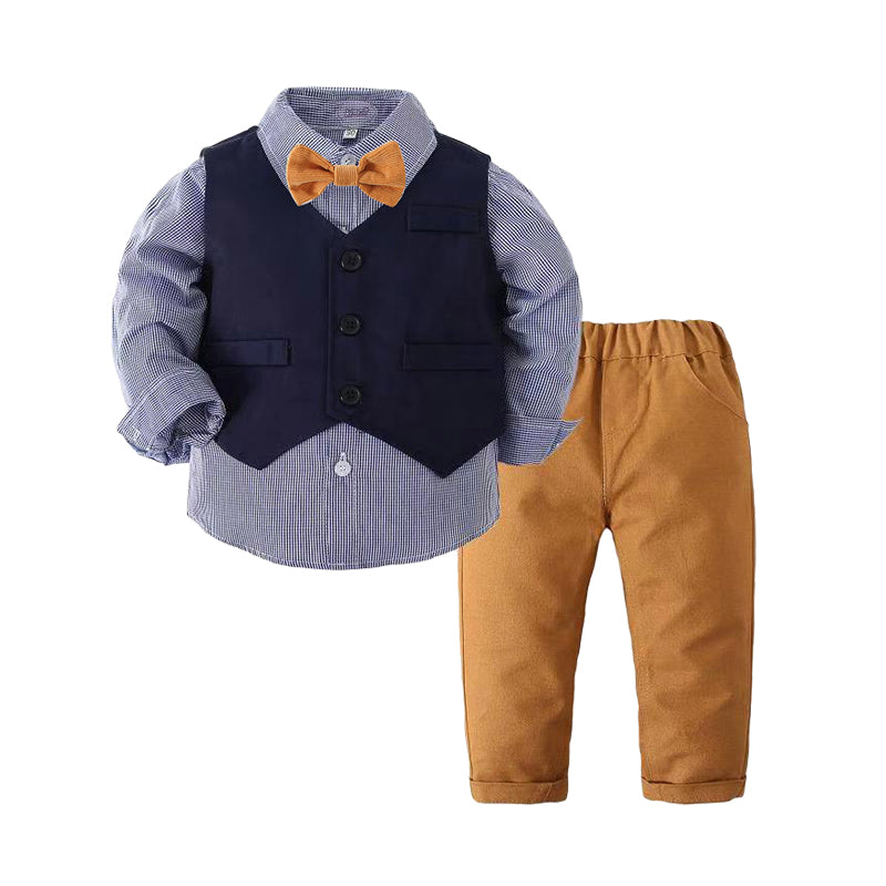 3 Pieces Set Baby Kid Boys Checked Bow Shirts Solid Color Vests&Waistcoats And Pants Wholesale 22042504