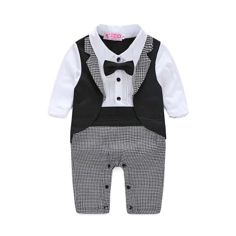 Baby Boys Color-blocking Houndstooth Bow Jumpsuits Wholesale 22042508