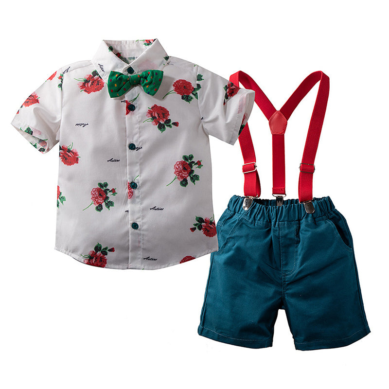 2 Pieces Set Baby Kid Boys Flower Print Shirts And Solid Color Rompers Wholesale 220425120