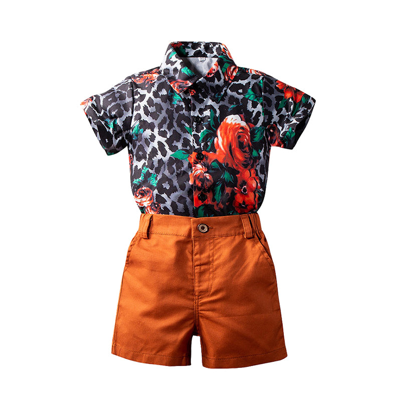 2 Pieces Set Baby Kid Boys Dressy Birthday Party Leopard Bow Shirts And Solid Color Shorts Wholesale 220425129