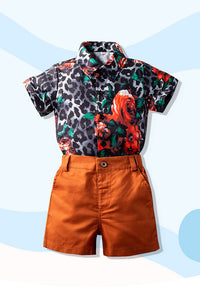 Load image into Gallery viewer, 2 Pieces Set Baby Kid Boys Dressy Birthday Party Leopard Bow Shirts And Solid Color Shorts Wholesale 220425129
