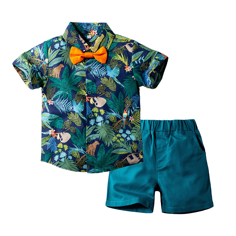 2 Pieces Set Baby Kid Boys Bow Print Shirts And Solid Color Shorts Wholesale 220425140