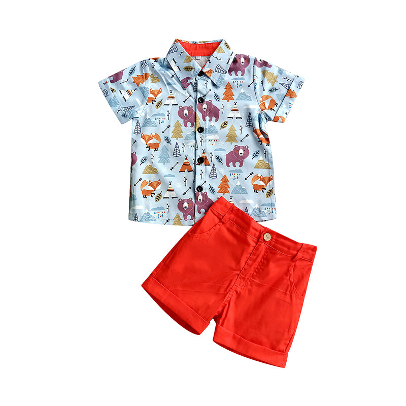 2 Pieces Set Baby Kid Boys Animals Cartoon Print Shirts And Solid Color Shorts Wholesale 220425143