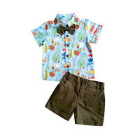 Load image into Gallery viewer, 2 Pieces Set Baby Kid Boys Cartoon Bow Print Shirts And Solid Color Shorts Wholesale 220425146

