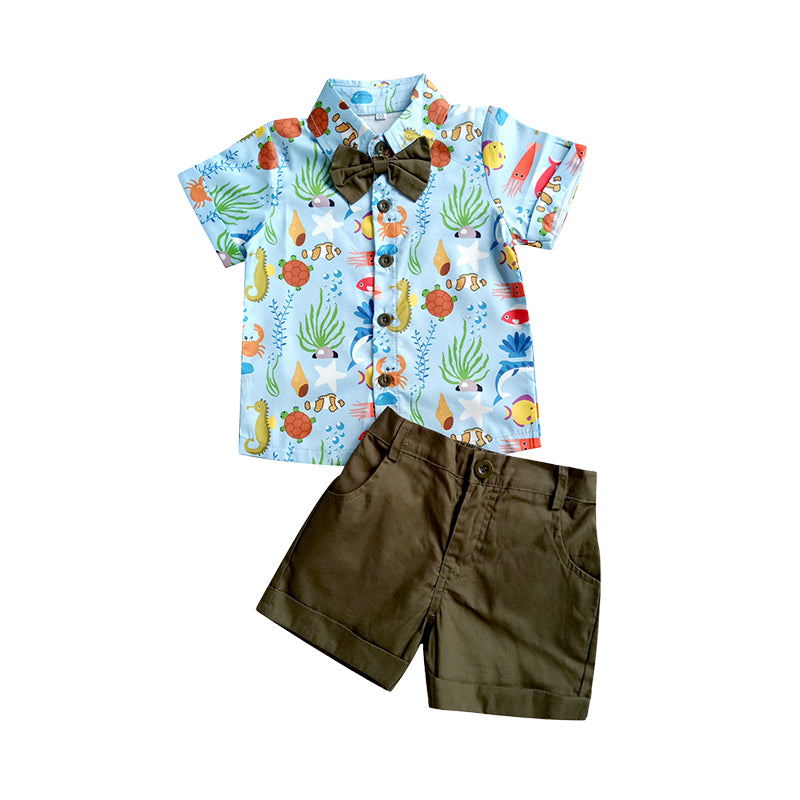 2 Pieces Set Baby Kid Boys Cartoon Bow Print Shirts And Solid Color Shorts Wholesale 220425146