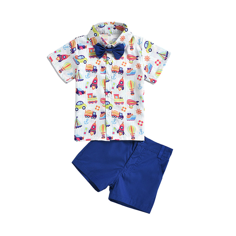 2 Pieces Set Baby Kid Boys Cartoon Bow Print Shirts And Solid Color Shorts Wholesale 220425167