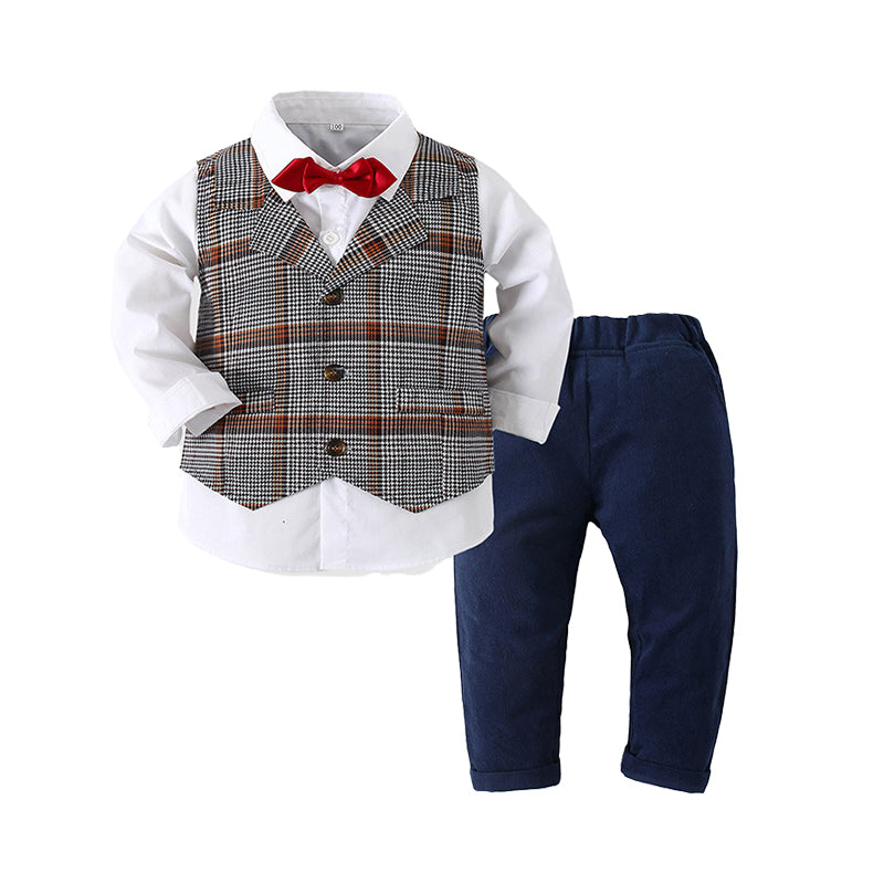 3 Pieces Set Baby Kid Boys Birthday Party Bow Shirts Checked Vests Waistcoats And Solid Color Pants Wholesale 220425171